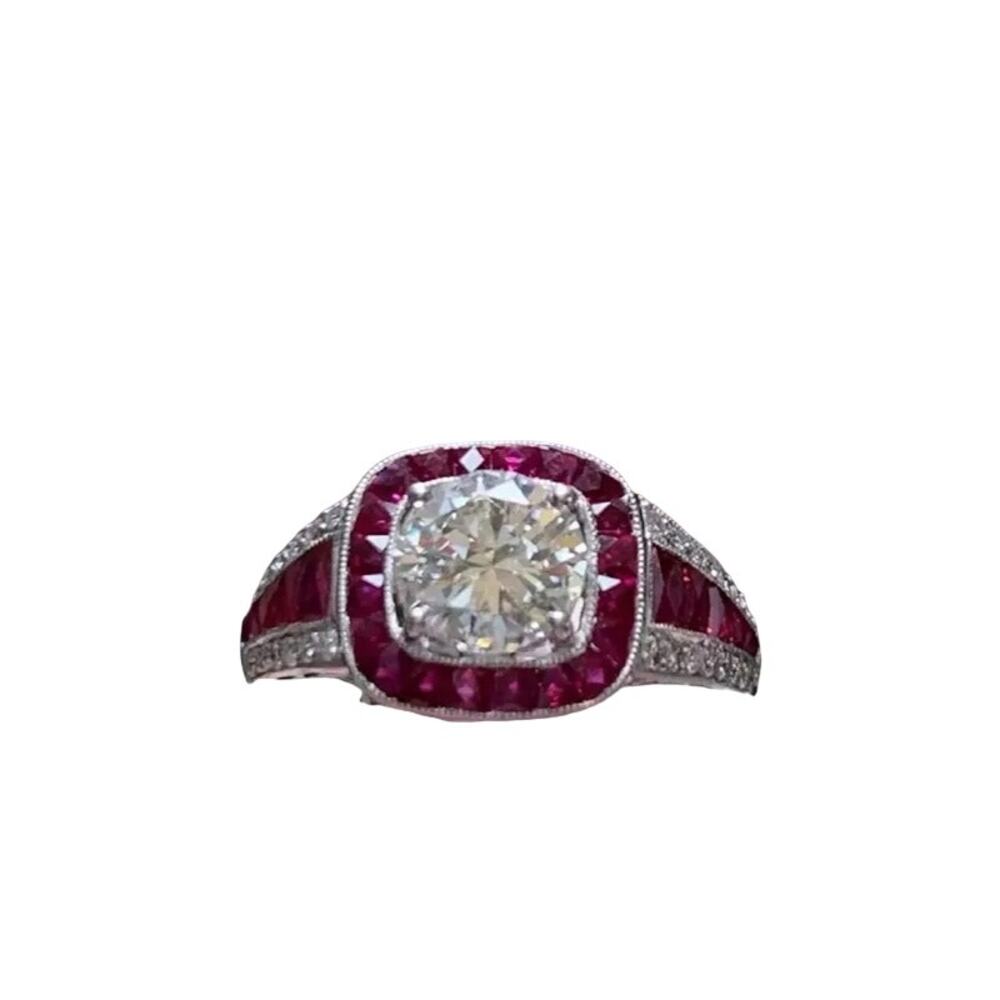 Silver Tone Classic Art Deco Silver Ruby and Diamond Simulant ring Sz 8